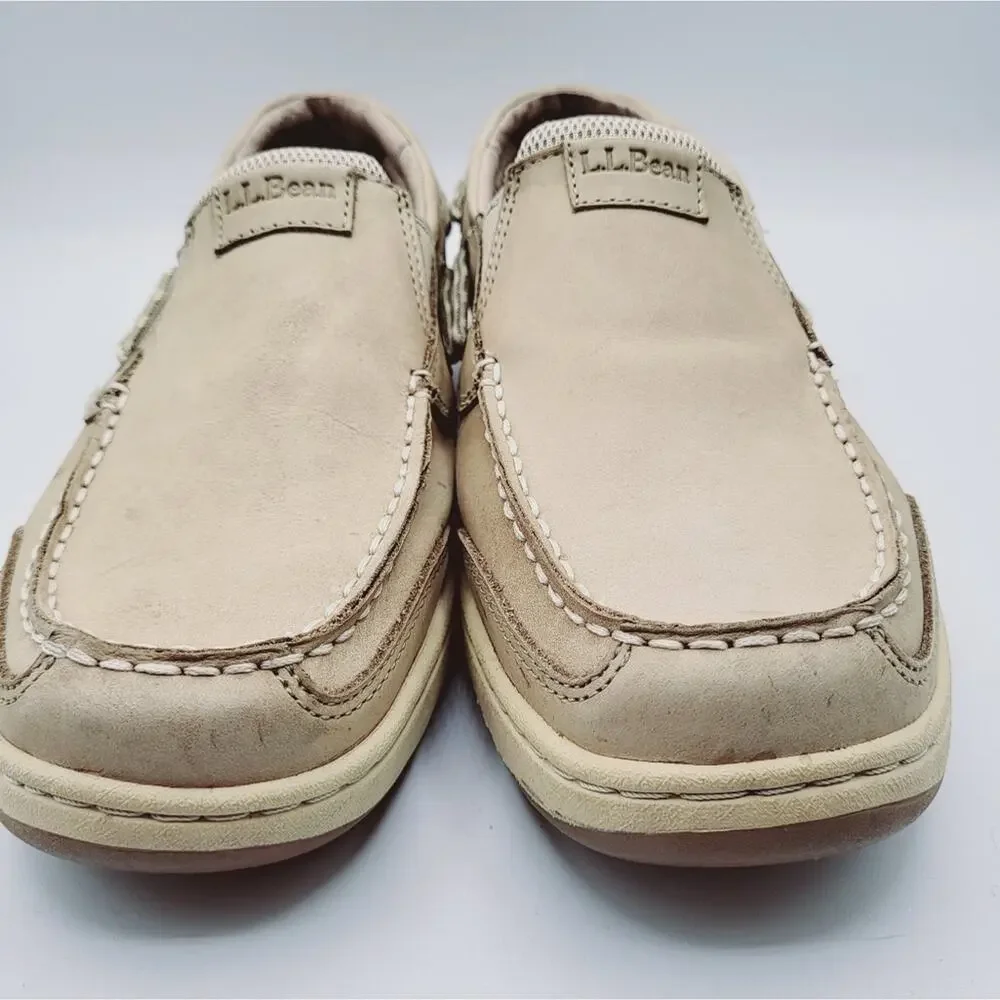 L.L. Bean Creme Leather Slip On Deck Leather Moccasin Shoe Men's size 9.5